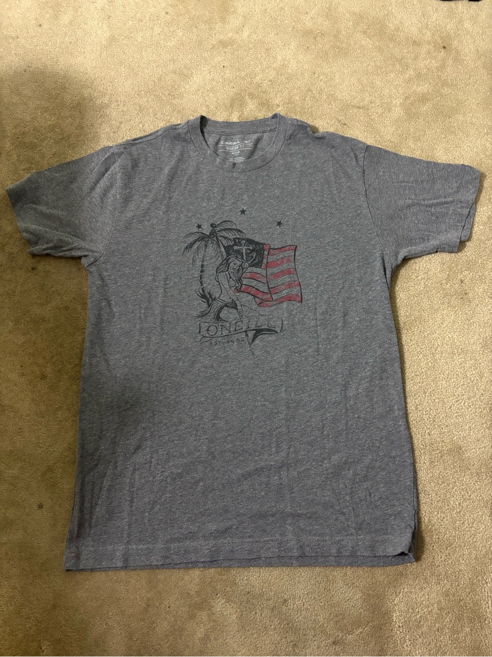 O'Neill Gray Short Sleeve Graphic Tee with Red Accent